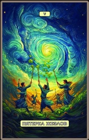 Five of Wands — Swirls of Light Tarot