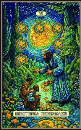 Six of Pentacles — Swirls of Light Tarot