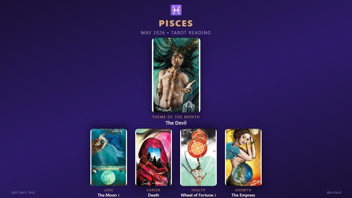 Pisces May 2026 tarot spread: The Devil, The Moon (reversed), Death, Wheel of Fortune (reversed), The Empress